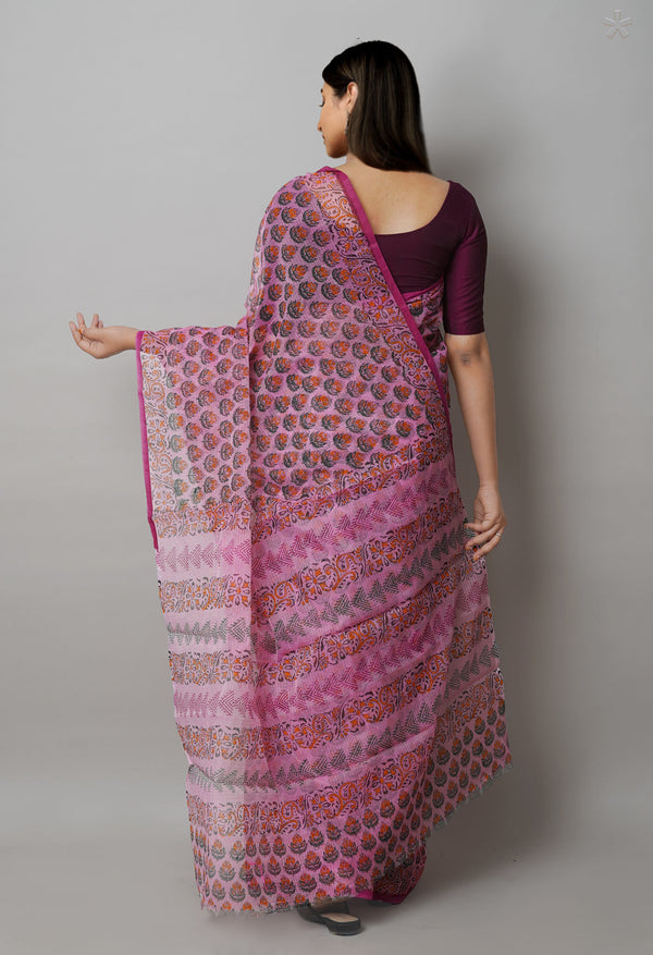 Peach Pink Pure  Block Printed Kota Cotton Saree-UNM72750