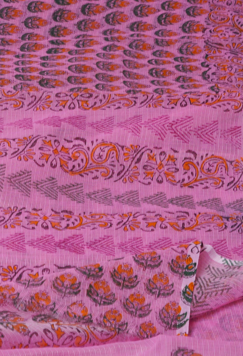 Peach Pink Pure  Block Printed Kota Cotton Saree-UNM72750