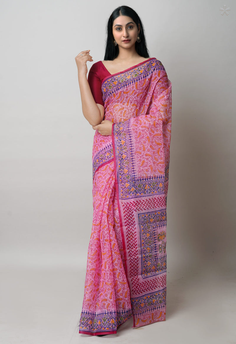 Pink Pure  Block Printed Kota Cotton Saree-UNM72751