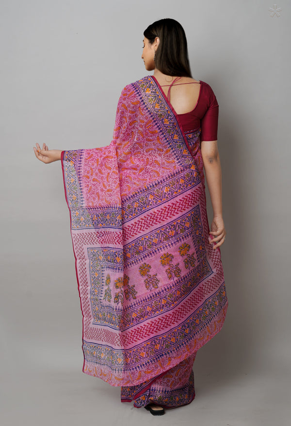Pink Pure  Block Printed Kota Cotton Saree-UNM72751