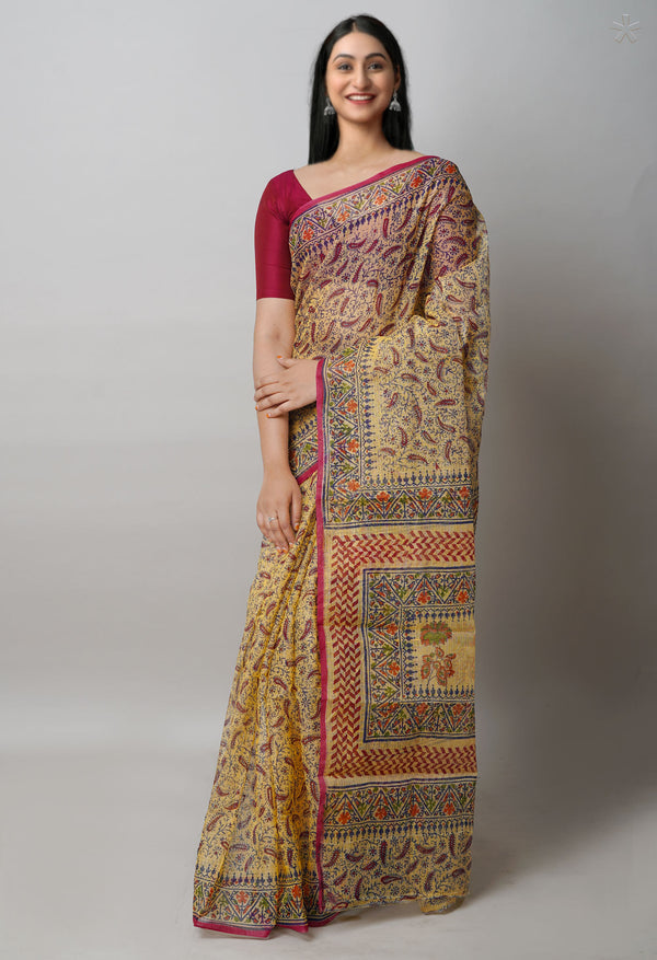Cream Pure  Block Printed Kota Cotton Saree-UNM72752