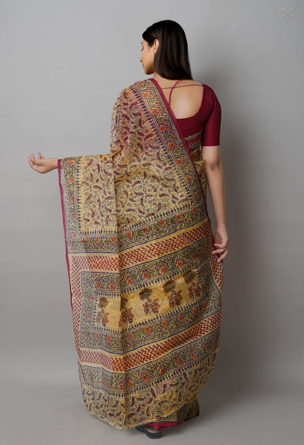 Cream Pure  Block Printed Kota Cotton Saree-UNM72752