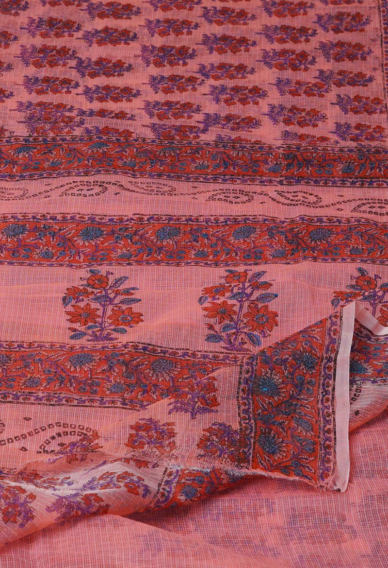 Peach Pink Pure  Block Printed Kota Cotton Saree-UNM72753