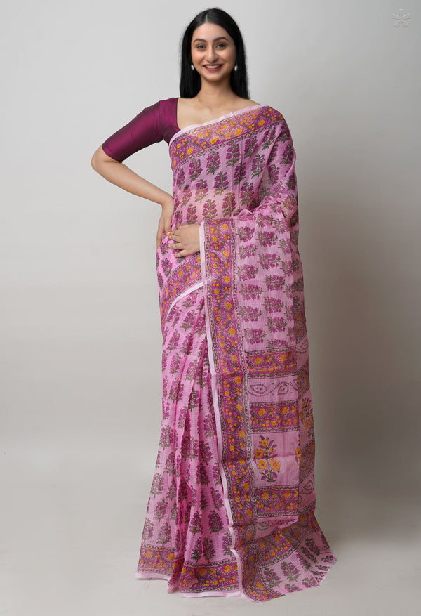 Peach Pink Pure  Block Printed Kota Cotton Saree-UNM72754
