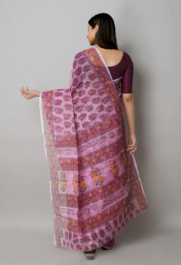 Peach Pink Pure  Block Printed Kota Cotton Saree-UNM72754