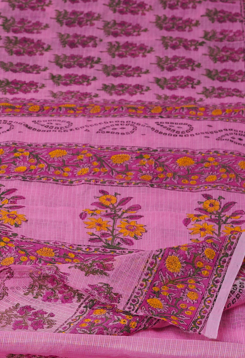 Peach Pink Pure  Block Printed Kota Cotton Saree-UNM72754