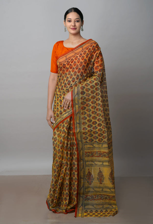 Cream Pure  Block Printed Kota Cotton Saree-UNM72755