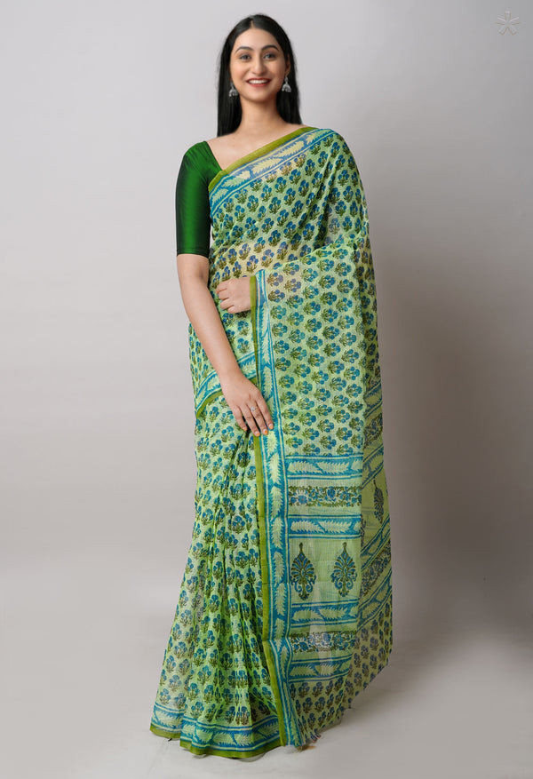 Green Pure  Block Printed Kota Cotton Saree-UNM72756