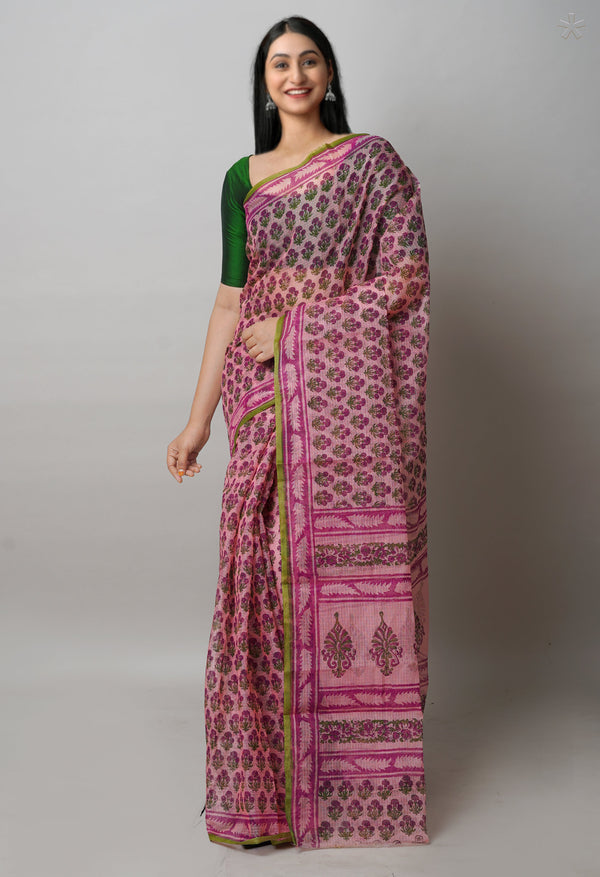 Peach Pink Pure  Block Printed Kota Cotton Saree-UNM72757