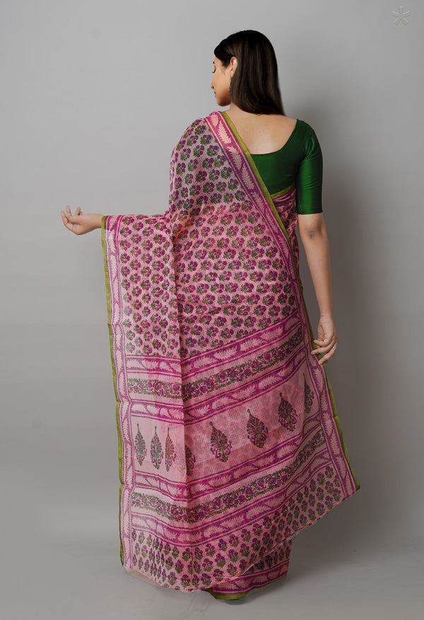 Peach Pink Pure  Block Printed Kota Cotton Saree-UNM72757