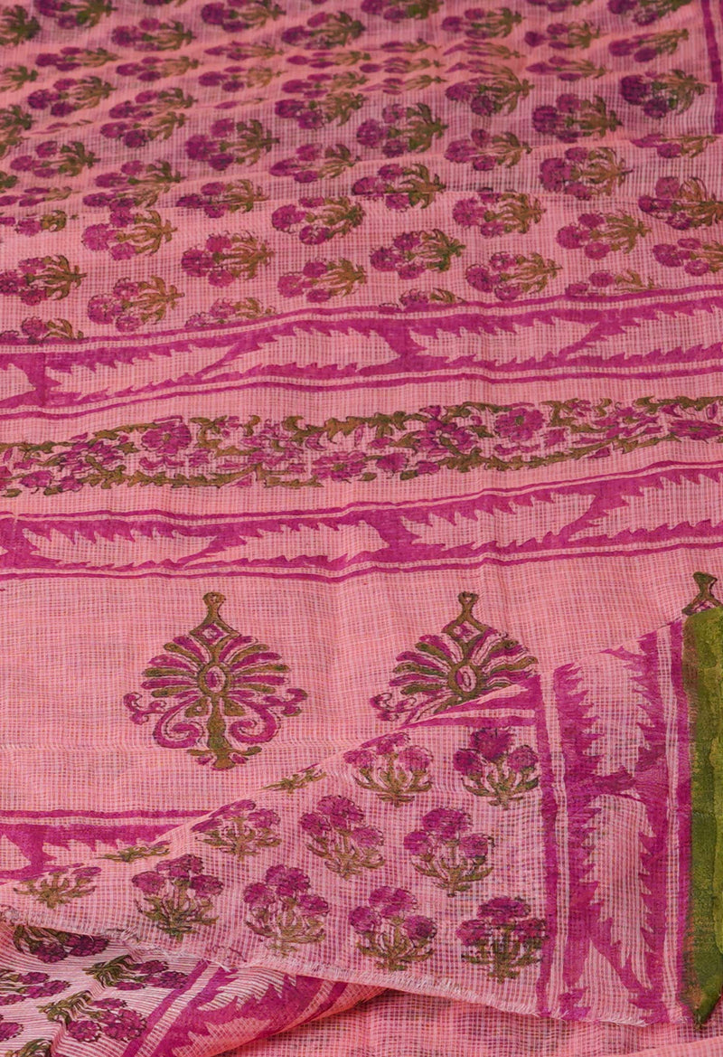 Peach Pink Pure  Block Printed Kota Cotton Saree-UNM72757