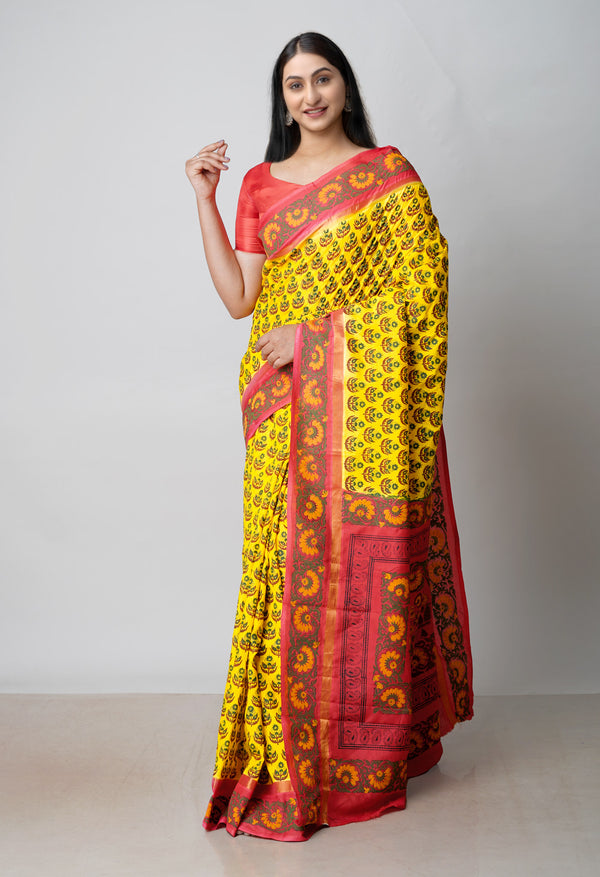 Yellow  Dyed Printed Summer Bangalore Soft Silk Saree-UNM72762
