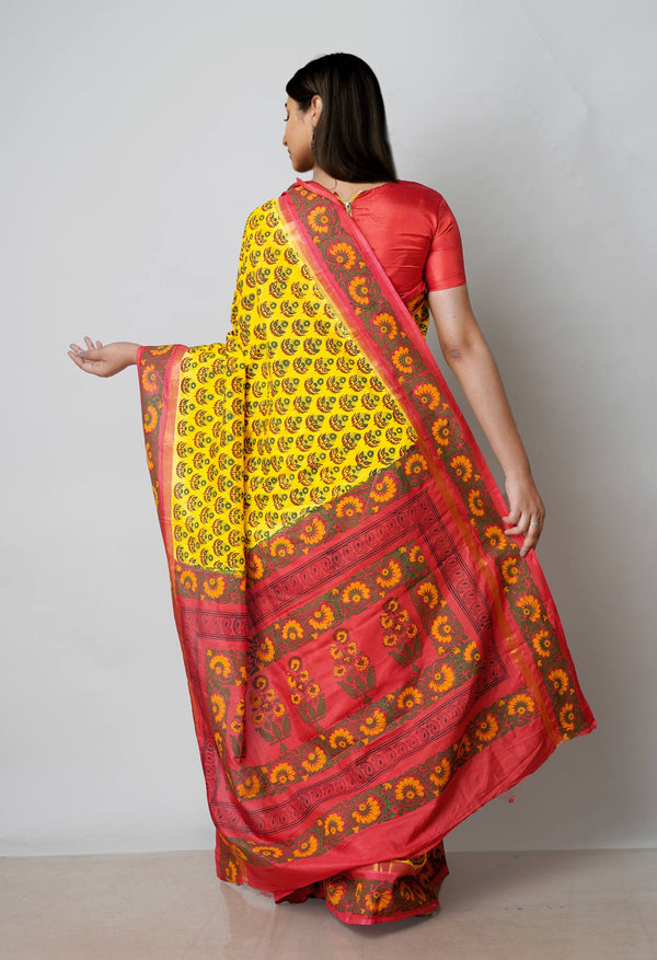 Yellow  Dyed Printed Summer Bangalore Soft Silk Saree-UNM72762