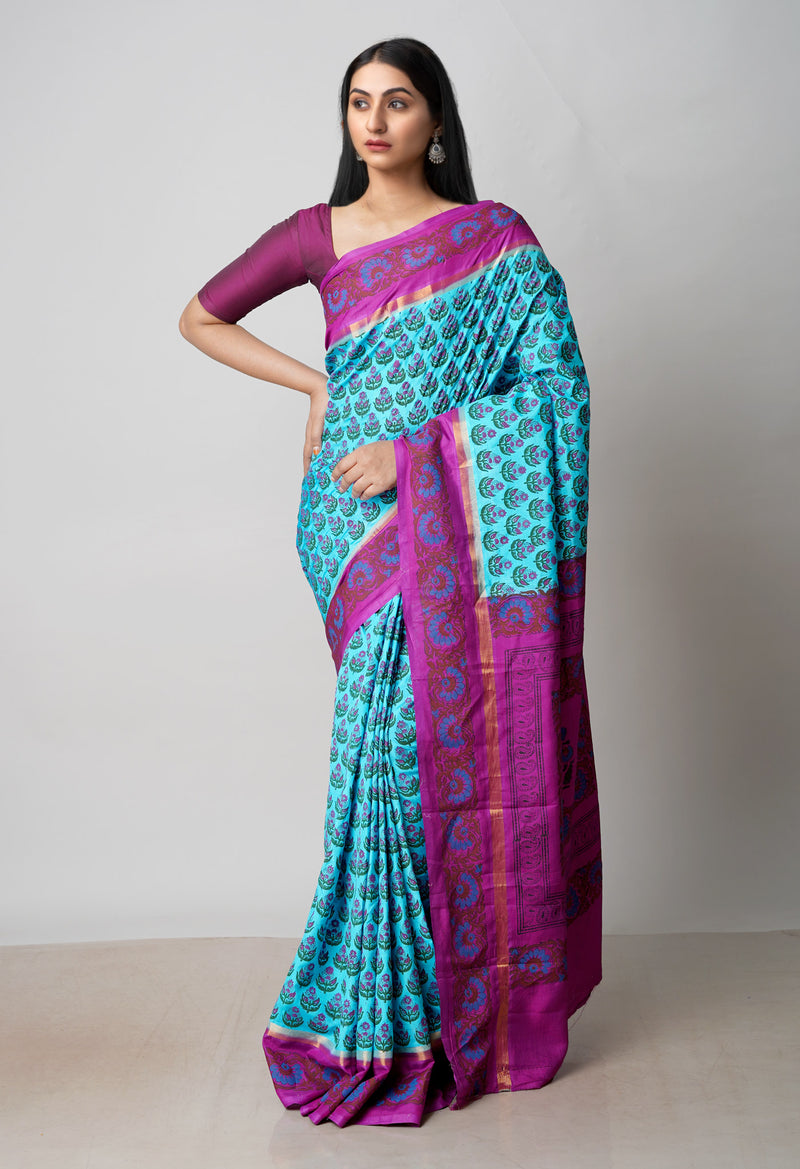 Blue  Dyed Printed Summer Bangalore Soft Silk Saree-UNM72781
