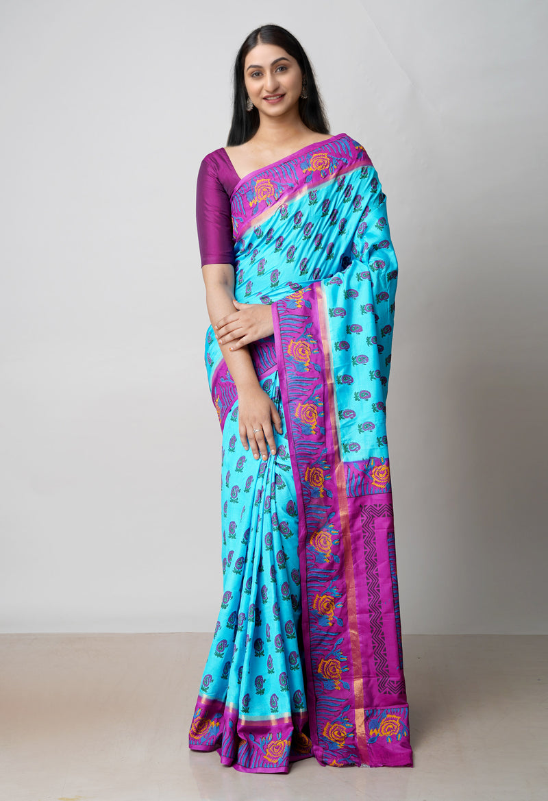 Blue  Dyed Printed Summer Bangalore Soft Silk Saree-UNM72782