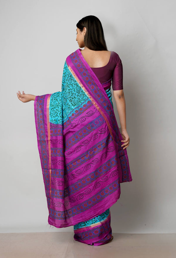 Blue  Dyed Printed Summer Bangalore Soft Silk Saree-UNM72783