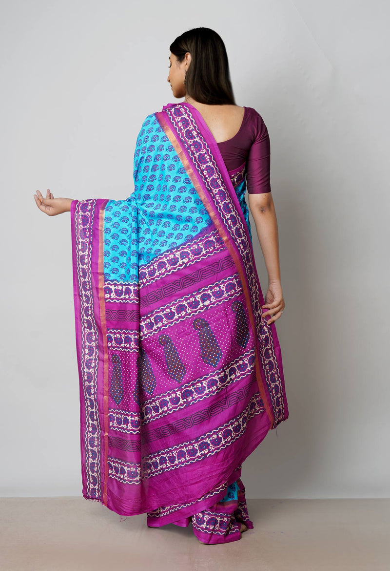Blue  Dyed Printed Summer Bangalore Soft Silk Saree-UNM72784