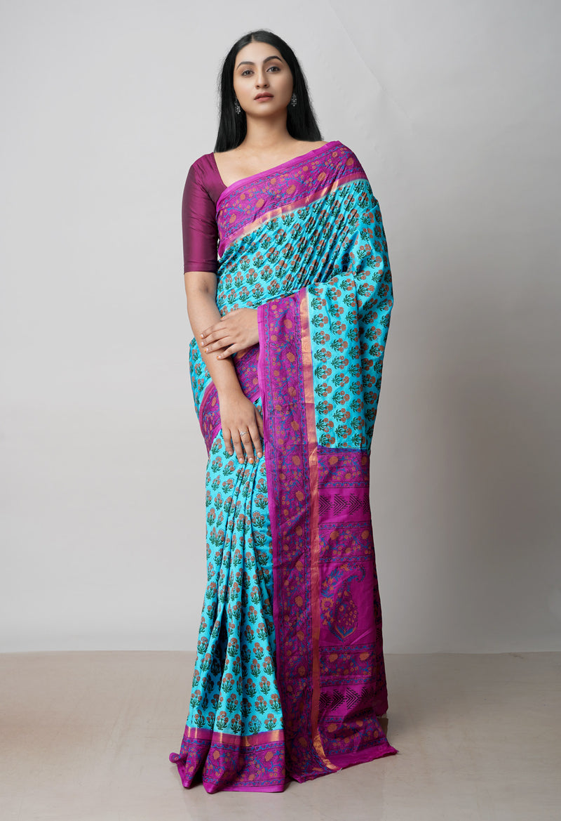 Blue  Dyed Printed Summer Bangalore Soft Silk Saree-UNM72785