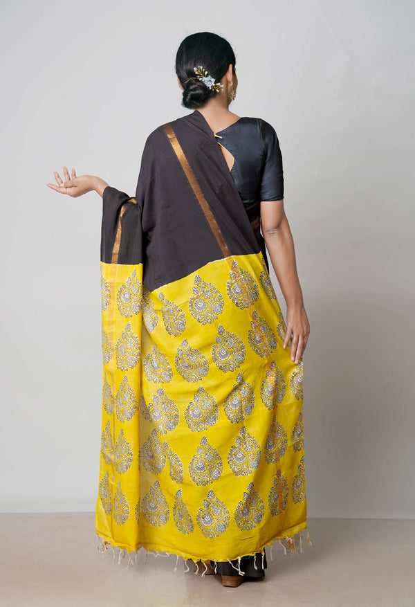 Black-Green Pure  Preet Bagru Chanderi Sico Saree-UNM72790