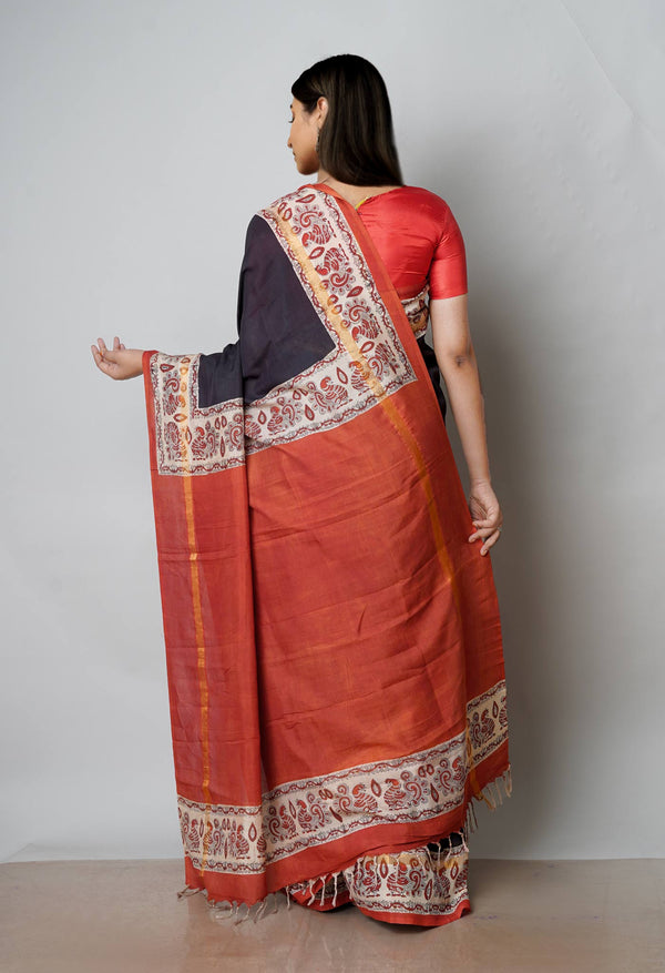Black-Red Pure  Preet Bagru Chanderi Sico Saree-UNM72791