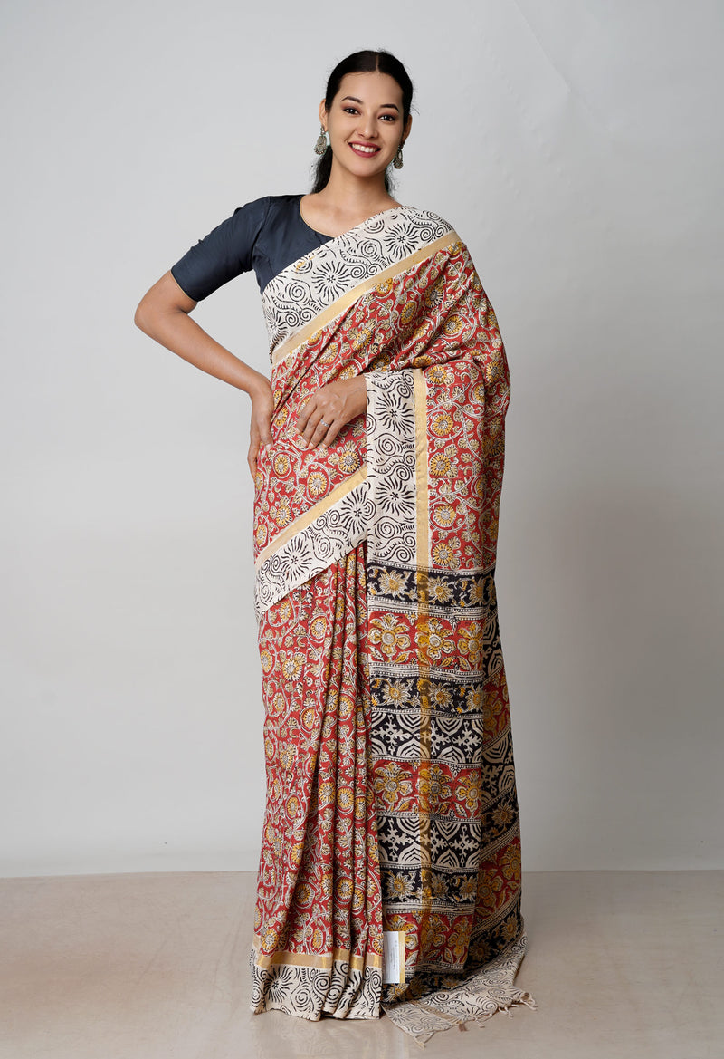 Multi Pure  Kalamkari Block Printed Silk Saree-UNM72792