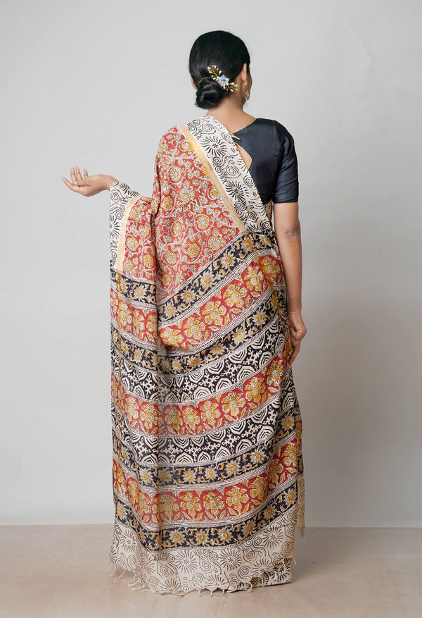 Multi Pure  Kalamkari Block Printed Silk Saree-UNM72792