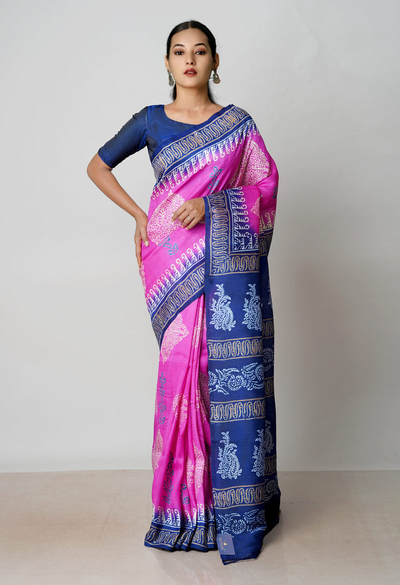 Pink-Navy Blue  Pure  Handloom Block Printed Mysore Silk Saree-UNM72793