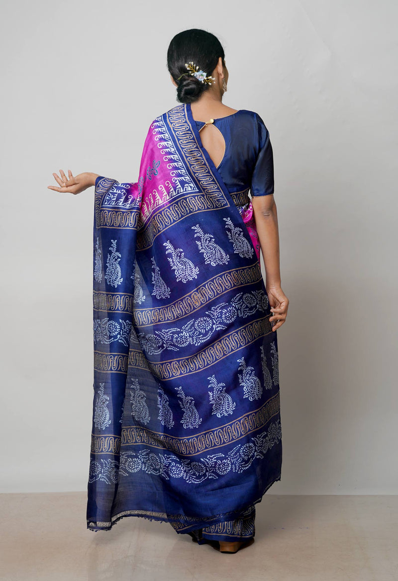 Pink-Navy Blue  Pure  Handloom Block Printed Mysore Silk Saree-UNM72793
