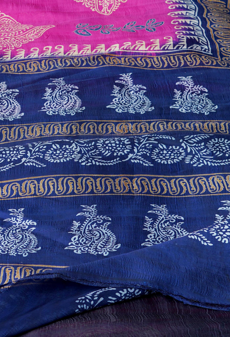 Pink-Navy Blue  Pure  Handloom Block Printed Mysore Silk Saree-UNM72793