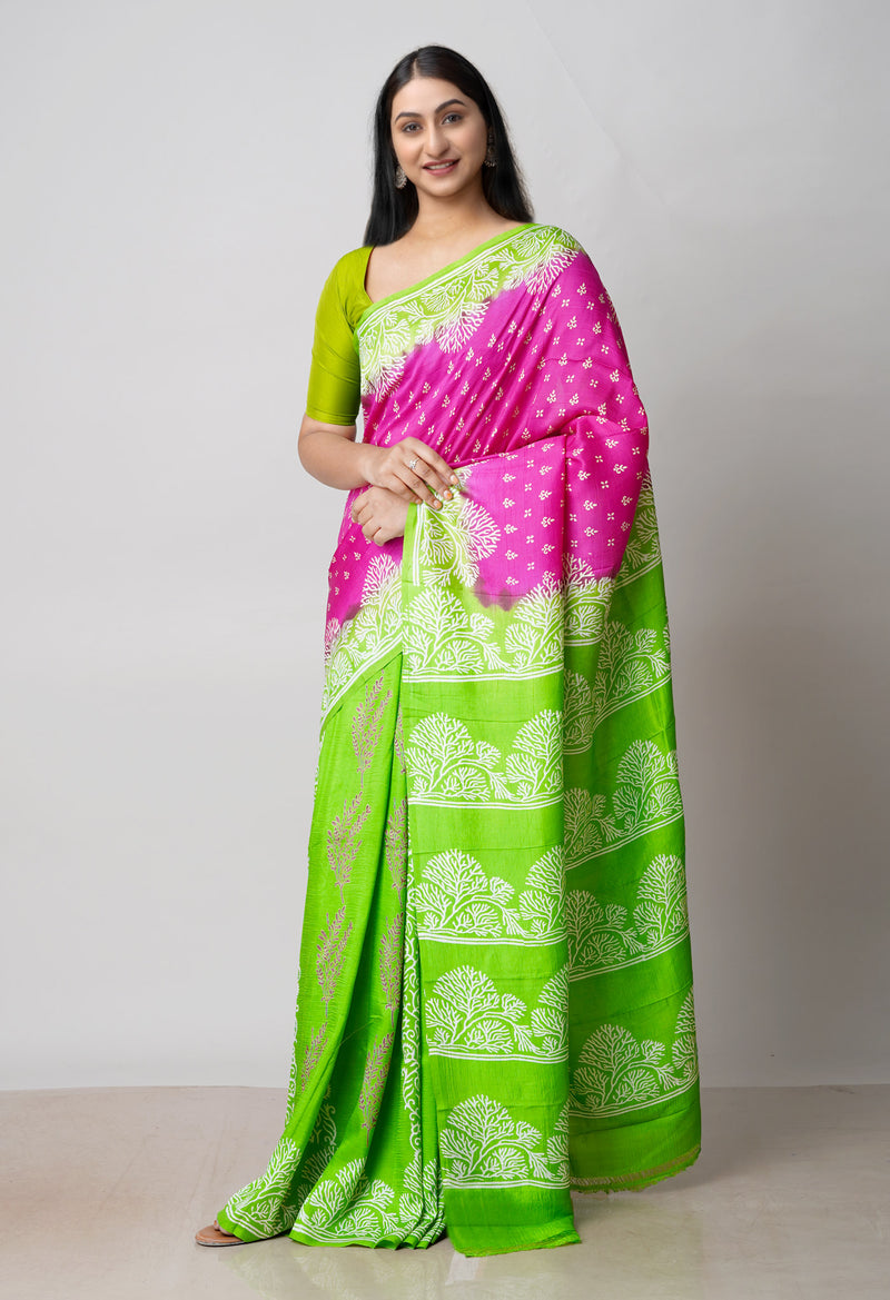 Pink-Green Pure Handloom Block Printed Mysore Silk Saree-UNM72794