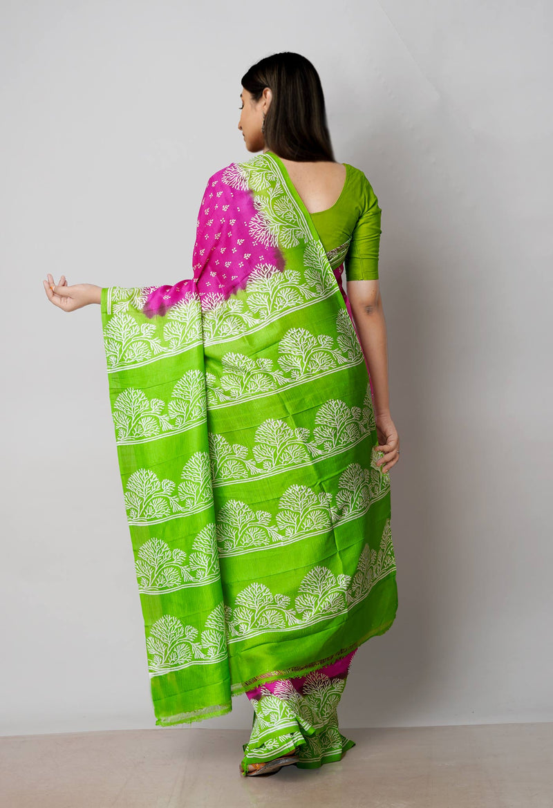 Pink-Green Pure Handloom Block Printed Mysore Silk Saree-UNM72794