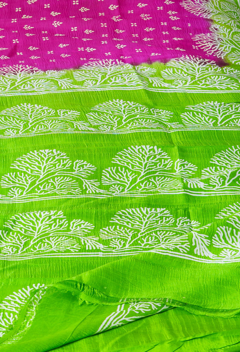 Pink-Green Pure Handloom Block Printed Mysore Silk Saree-UNM72794