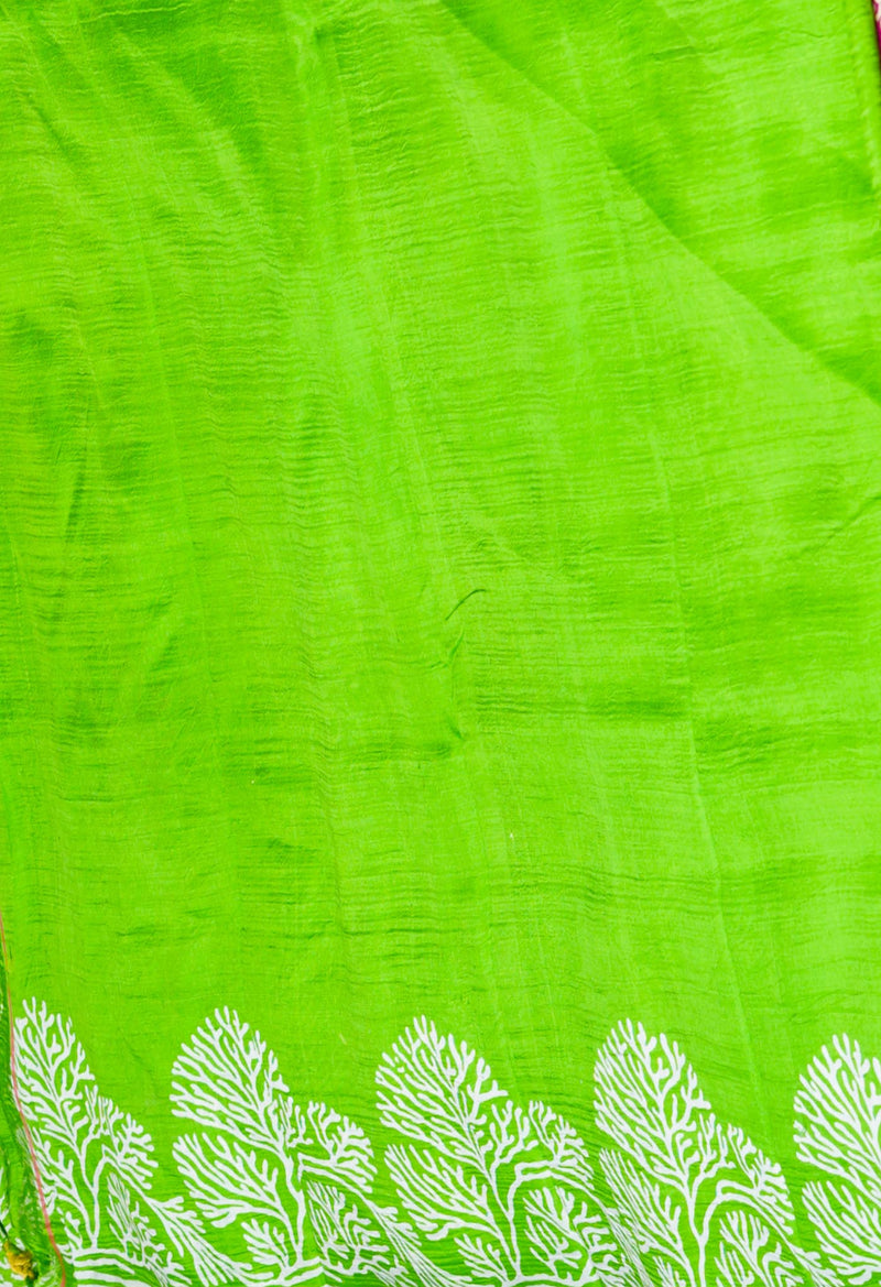 Pink-Green Pure Handloom Block Printed Mysore Silk Saree-UNM72794