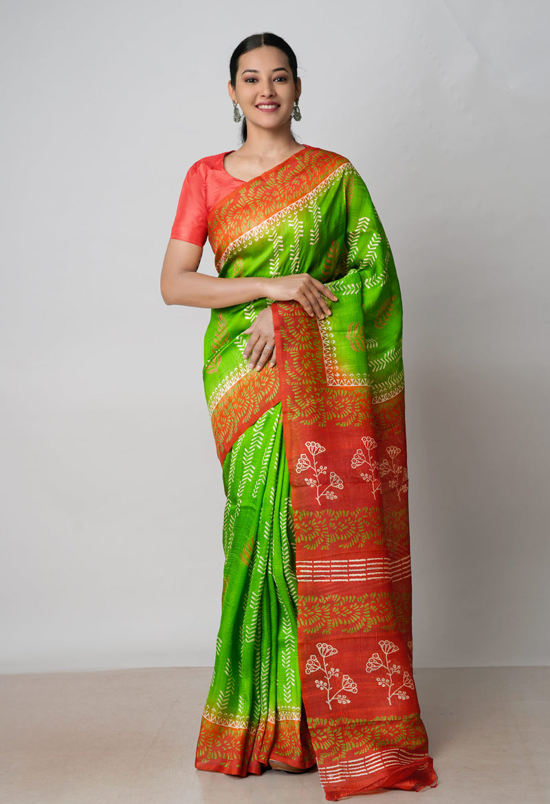 Green-Rust Orange Pure Handloom Block Printed Mysore Silk Saree-UNM72795