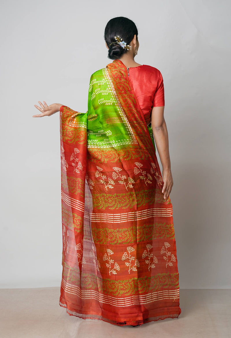 Green-Rust Orange Pure Handloom Block Printed Mysore Silk Saree-UNM72795