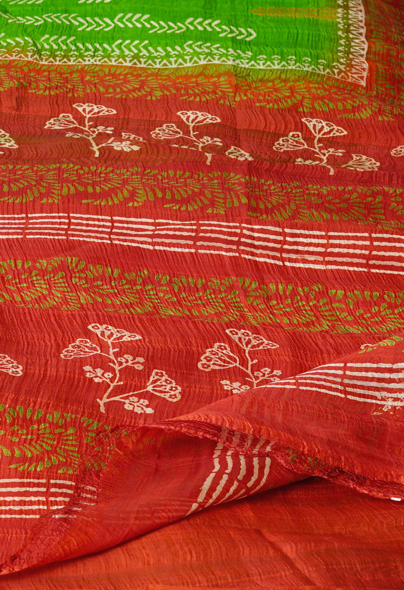 Green-Rust Orange Pure Handloom Block Printed Mysore Silk Saree-UNM72795