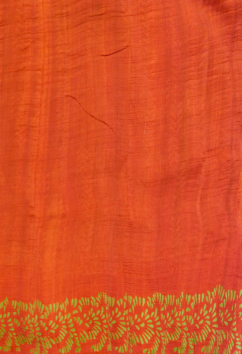 Green-Rust Orange Pure Handloom Block Printed Mysore Silk Saree-UNM72795