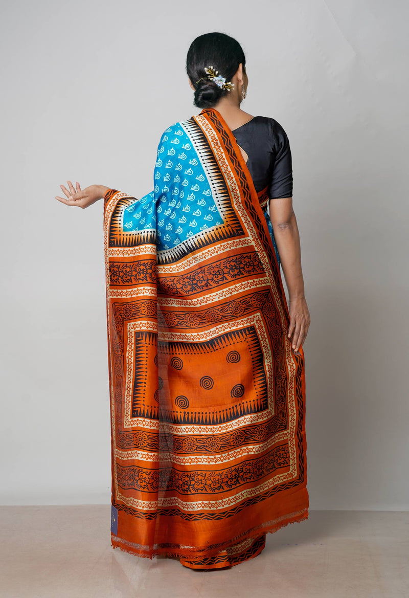 Blue-Rust Orange Pure Handloom Block Printed Mysore Silk Saree-UNM72797