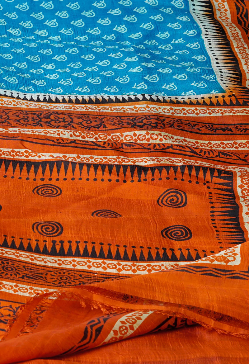 Blue-Rust Orange Pure Handloom Block Printed Mysore Silk Saree-UNM72797