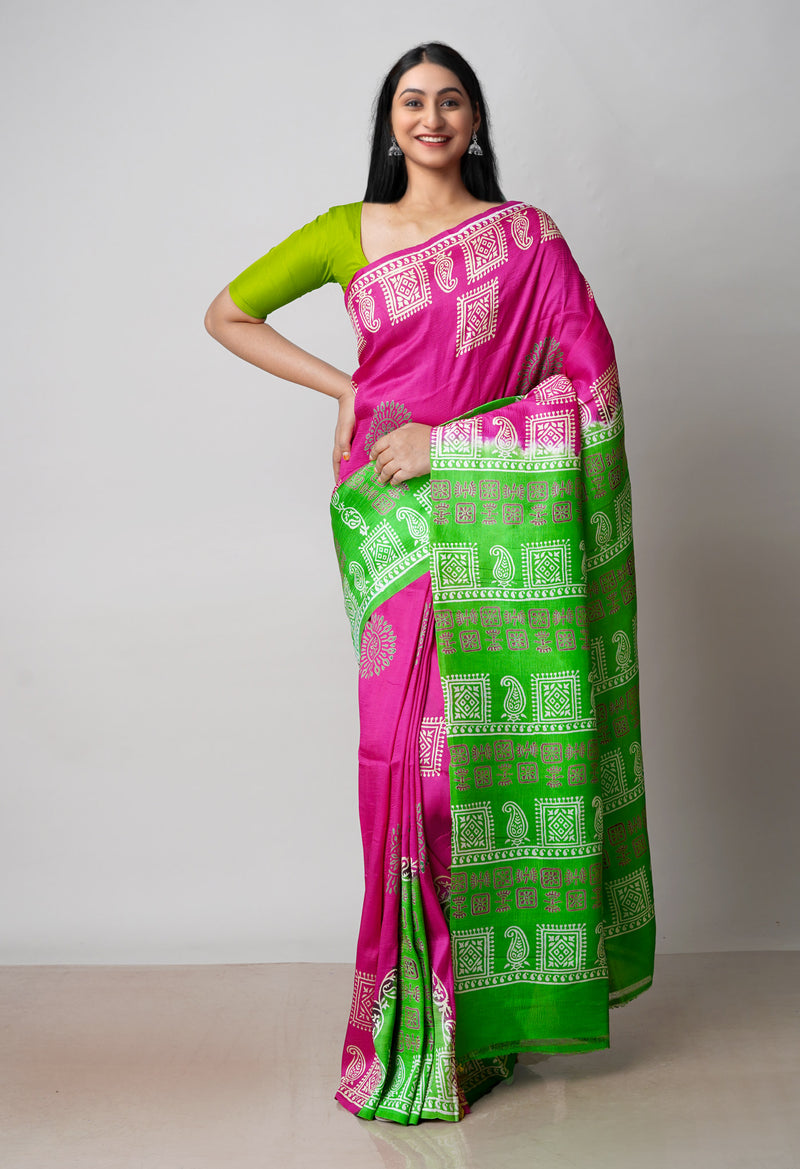 Pink-Grey Pure Handloom Block Printed Mysore Silk Saree-UNM72798