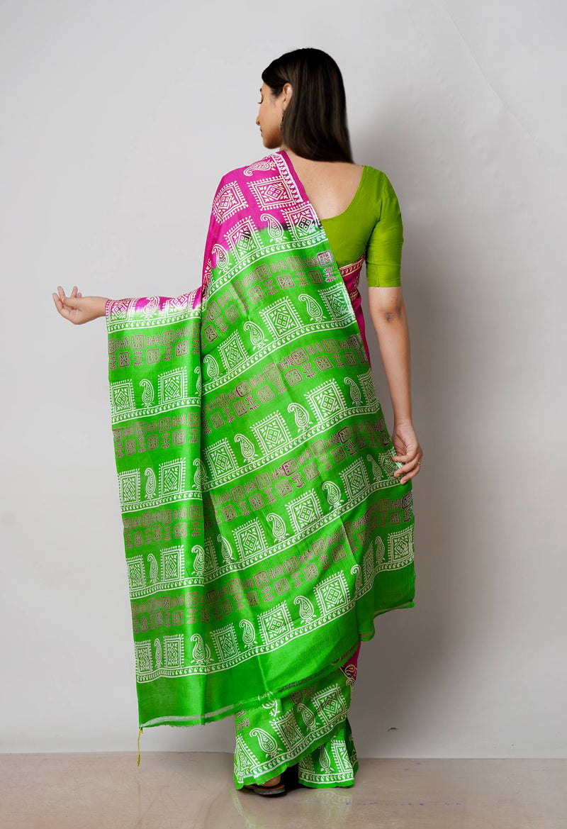 Pink-Grey Pure Handloom Block Printed Mysore Silk Saree-UNM72798