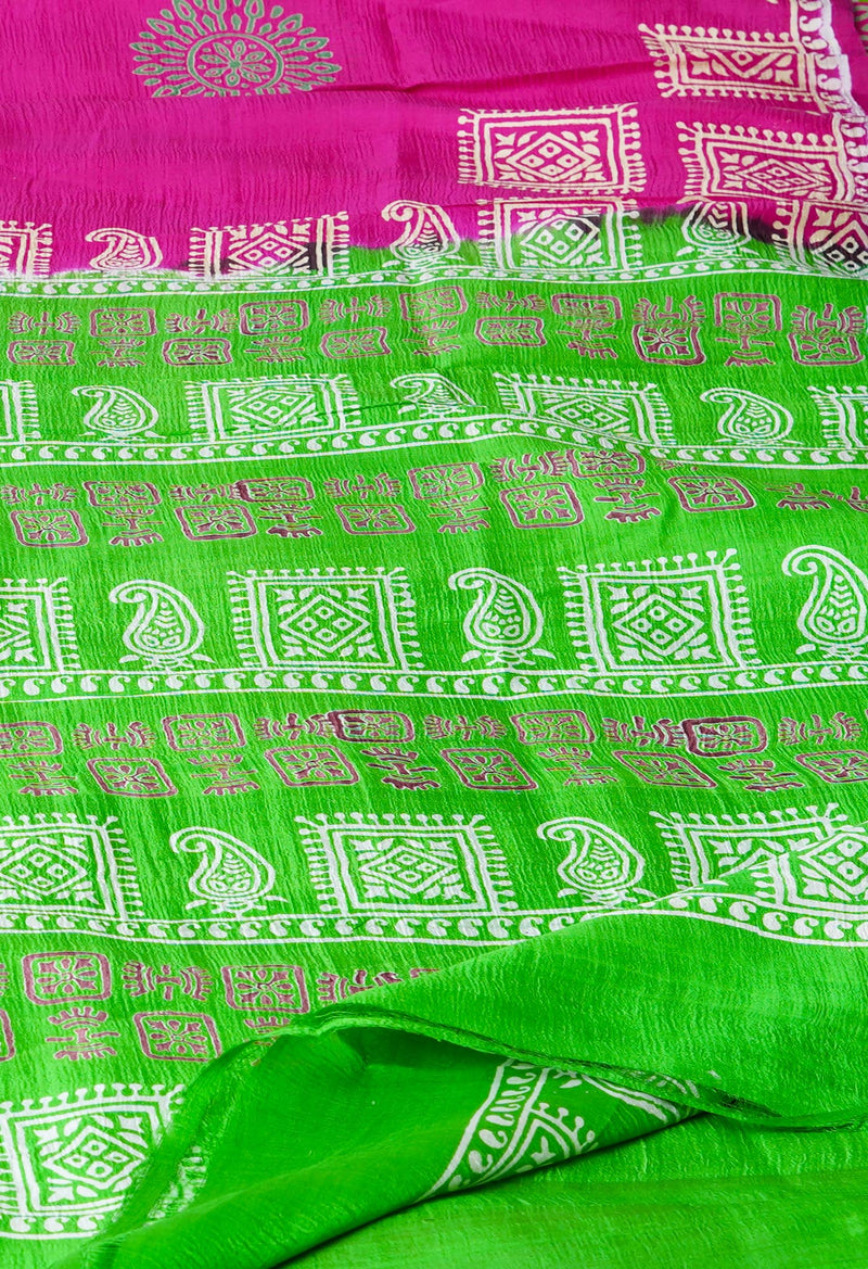 Pink-Grey Pure Handloom Block Printed Mysore Silk Saree-UNM72798