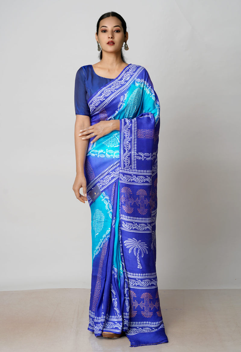 BlueDark Blue Pure Handloom Block Printed Mysore Silk Saree-UNM72799