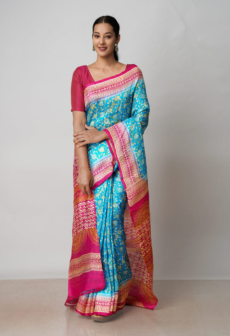 Blue-Pink Pure Handloom Block Printed Mysore Silk Saree-UNM72800