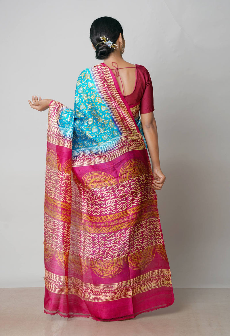 Blue-Pink Pure Handloom Block Printed Mysore Silk Saree-UNM72800
