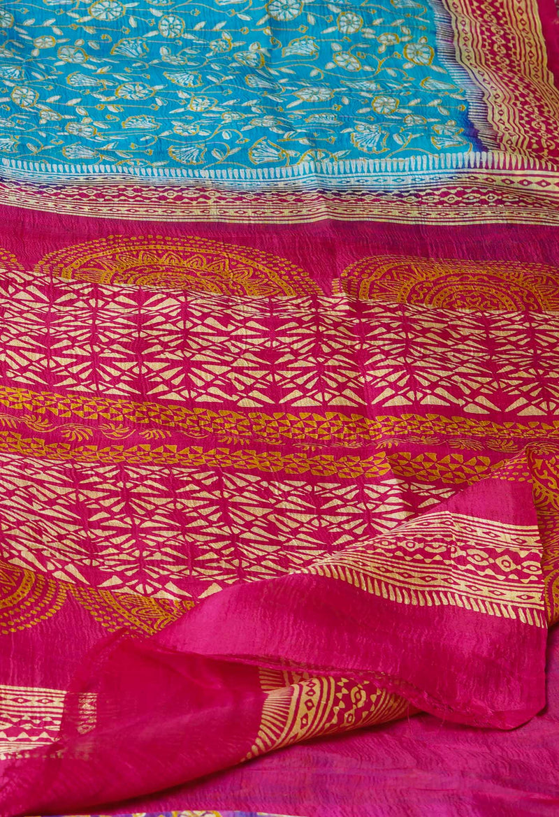 Blue-Pink Pure Handloom Block Printed Mysore Silk Saree-UNM72800