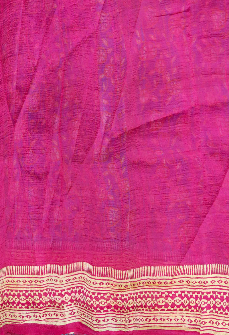 Blue-Pink Pure Handloom Block Printed Mysore Silk Saree-UNM72800