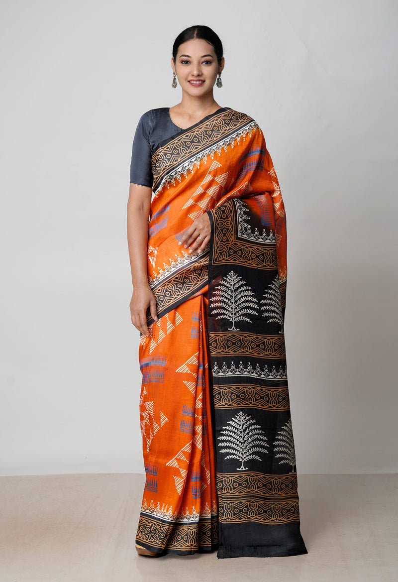 Rust Orange-Black Pure Handloom Block Printed Mysore Silk Saree-UNM72801