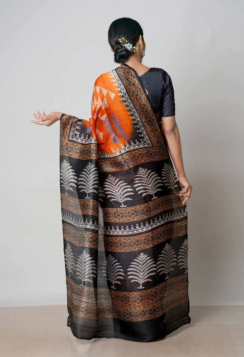 Rust Orange-Black Pure Handloom Block Printed Mysore Silk Saree-UNM72801