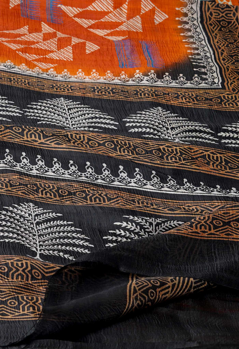 Rust Orange-Black Pure Handloom Block Printed Mysore Silk Saree-UNM72801